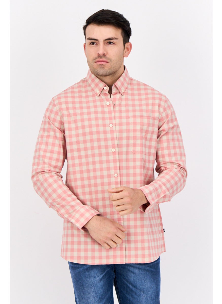 Men Slim Fit Checkered Long Sleeve Casual Shirt, Beige/Peach