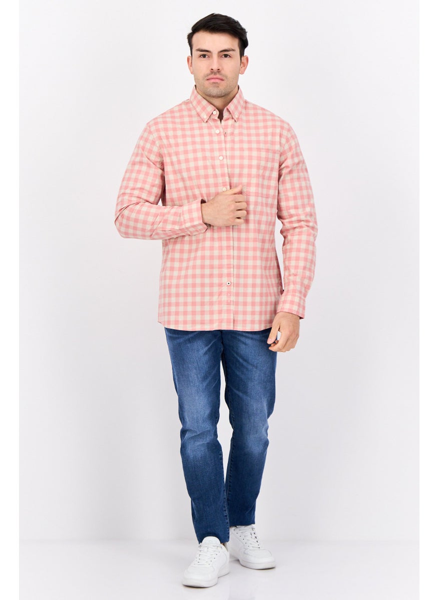 Men Slim Fit Checkered Long Sleeve Casual Shirt, Beige/Peach