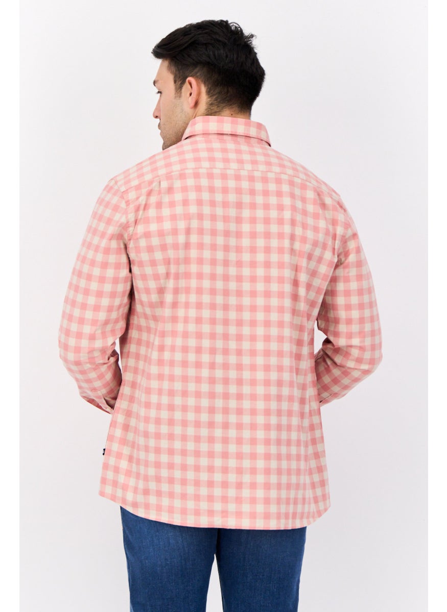 Men Slim Fit Checkered Long Sleeve Casual Shirt, Beige/Peach