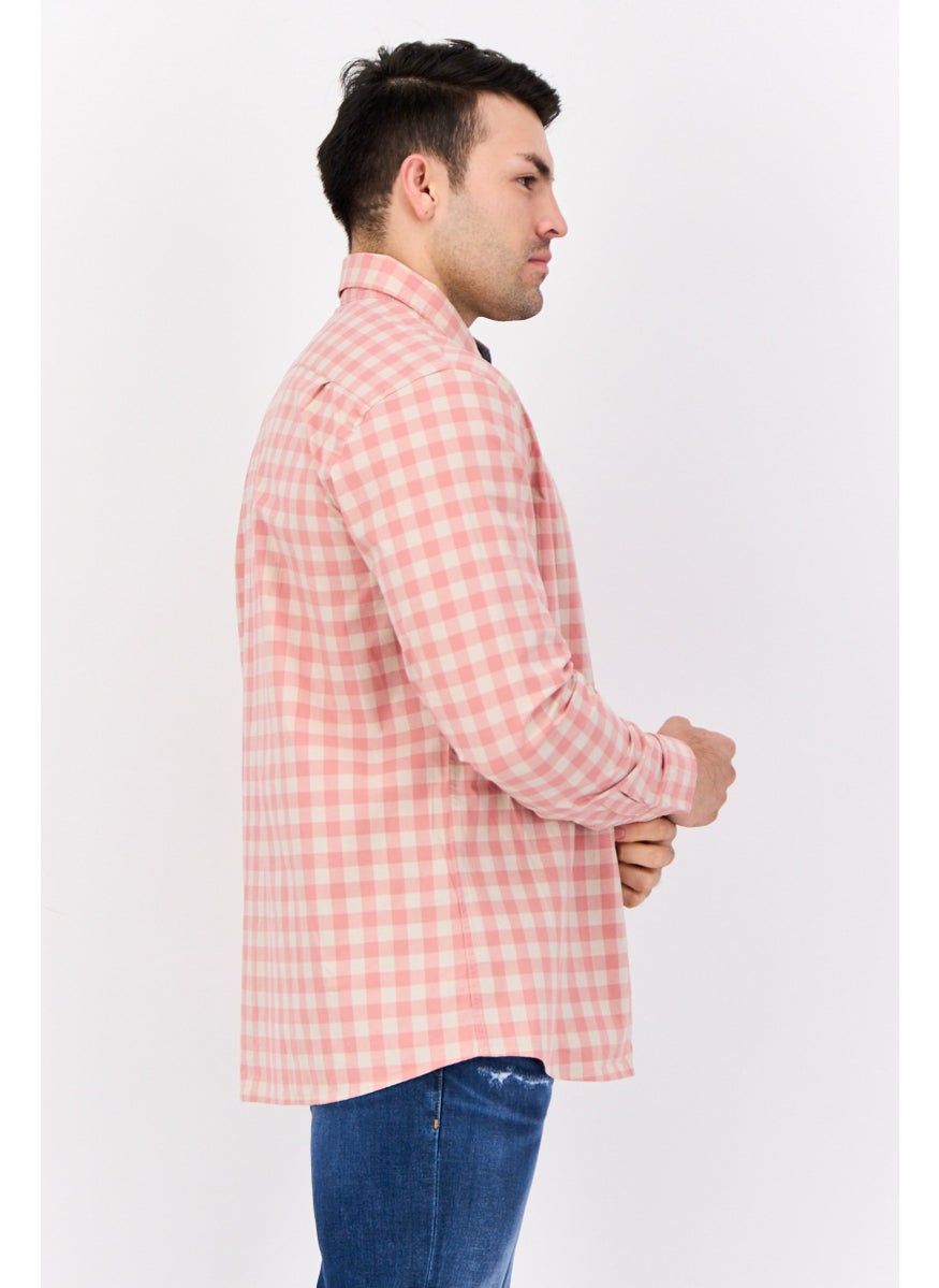Men Slim Fit Checkered Long Sleeve Casual Shirt, Beige/Peach