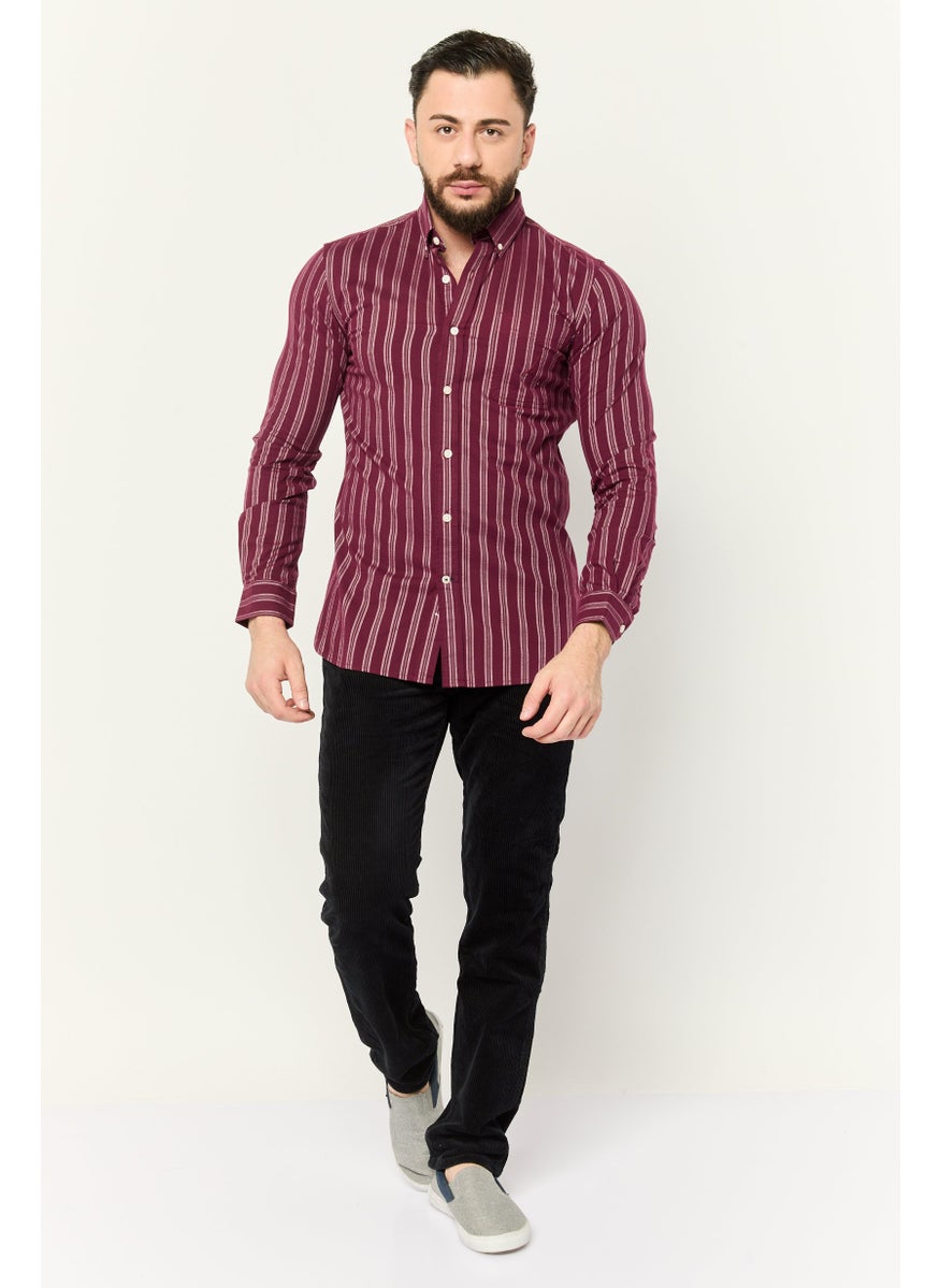 Men Slim Fit Embroidered Logo Long Sleeve Casual Shirt, Burgundy