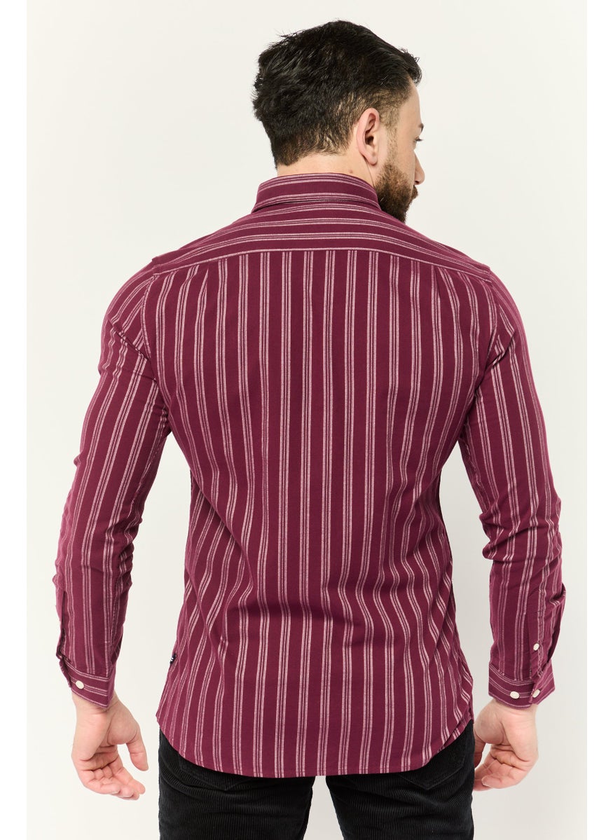 Men Slim Fit Embroidered Logo Long Sleeve Casual Shirt, Burgundy