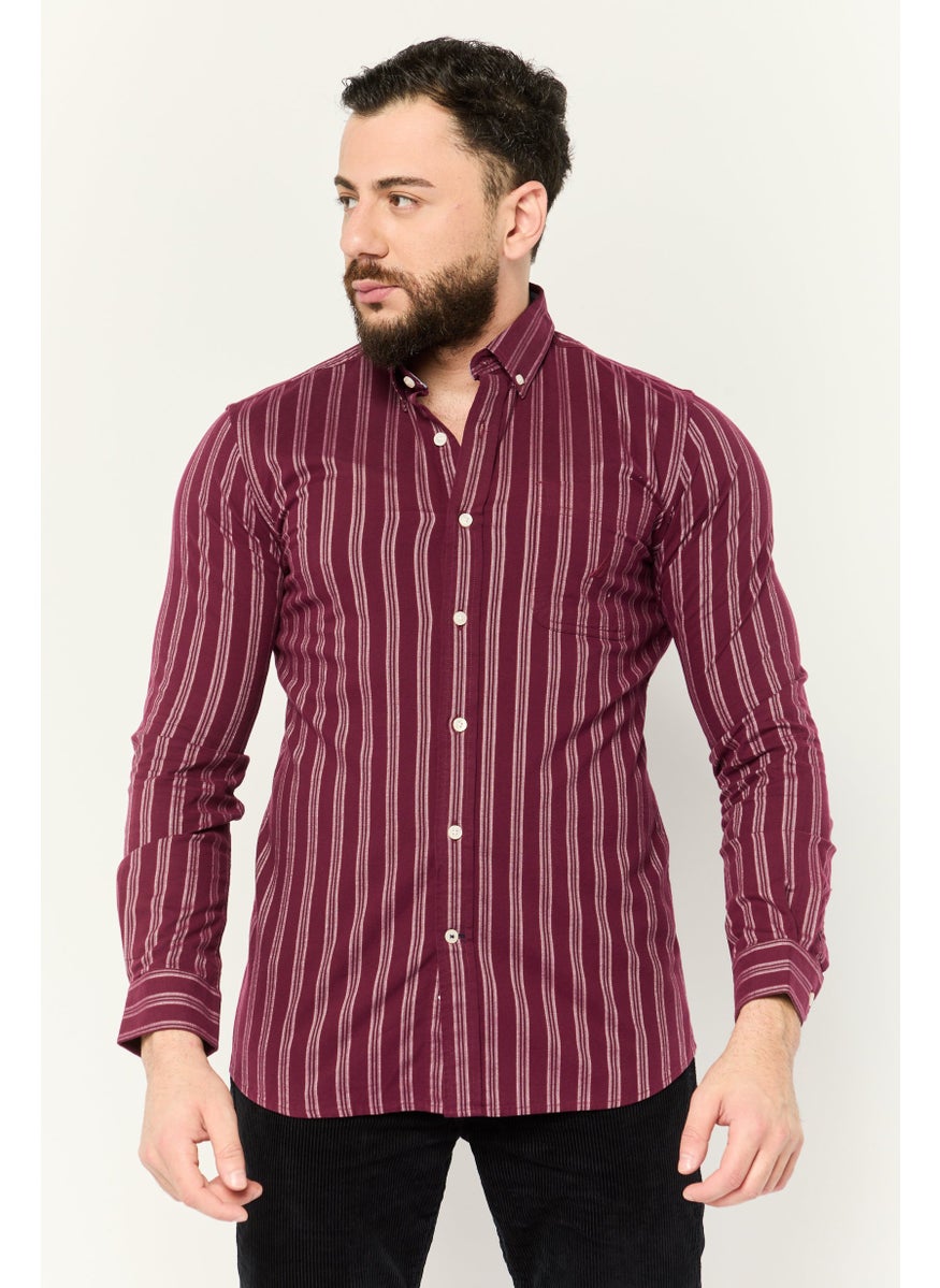 Men Slim Fit Embroidered Logo Long Sleeve Casual Shirt, Burgundy