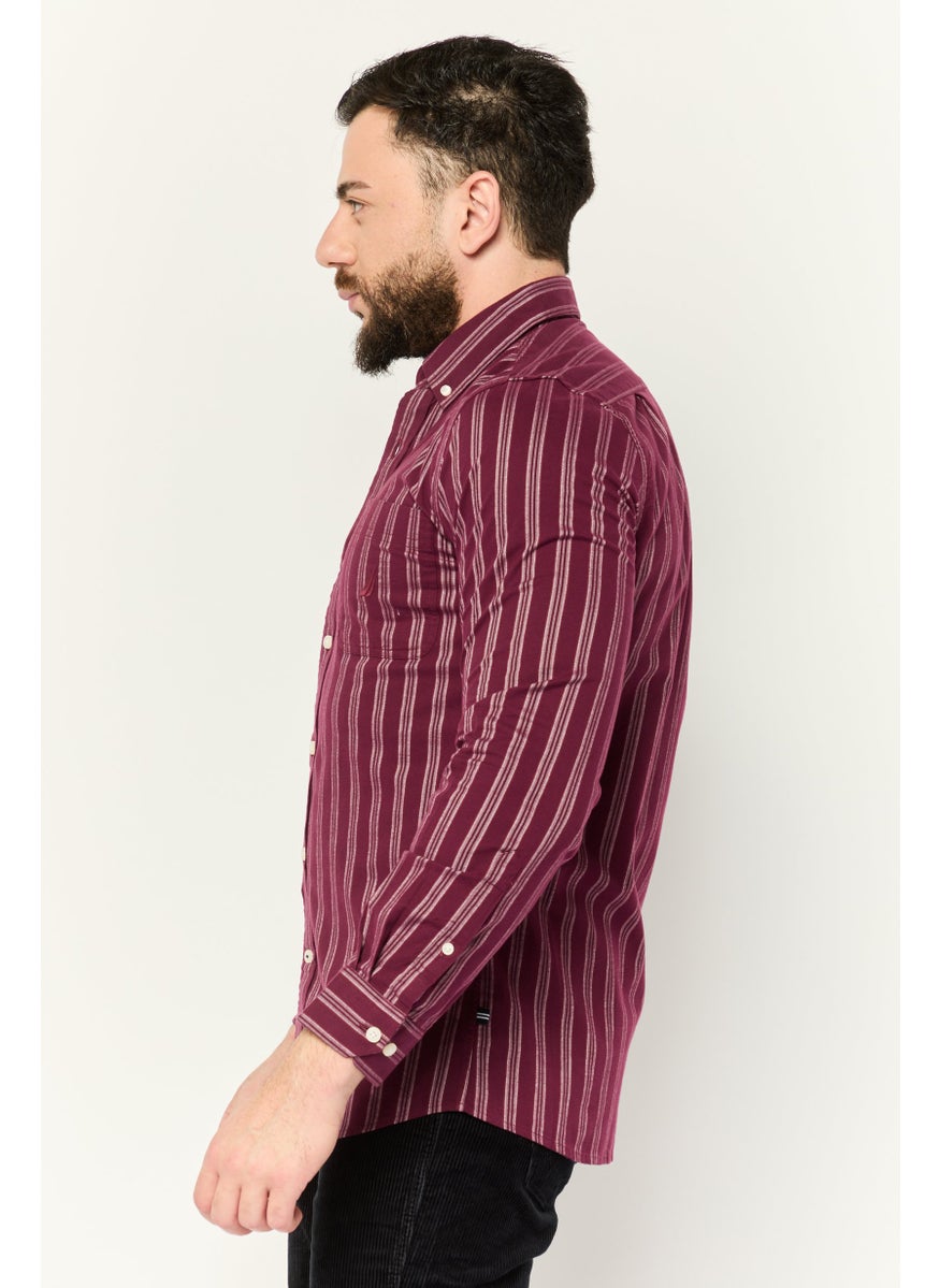Men Slim Fit Embroidered Logo Long Sleeve Casual Shirt, Burgundy