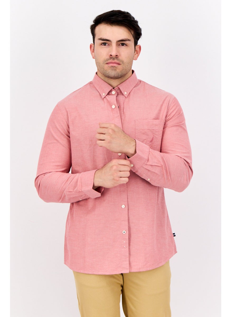 Men Slim Fit Long Sleeves Chambray Print Casual Shirts, Light Red