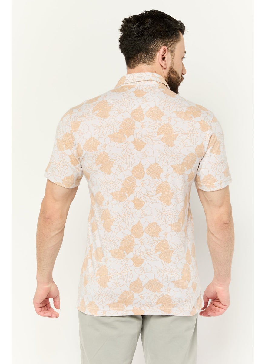 Men Regular Fit Floral Print Short Sleeves Casual Shirt, White/Tan