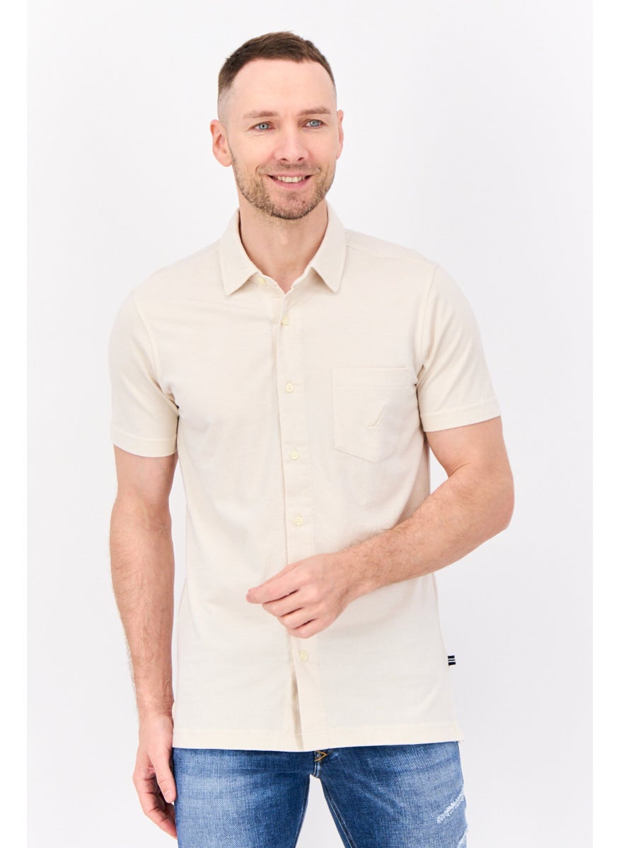 Men Regular Fit Embroidered Logo Short Sleeves Casual Shirt, Beige