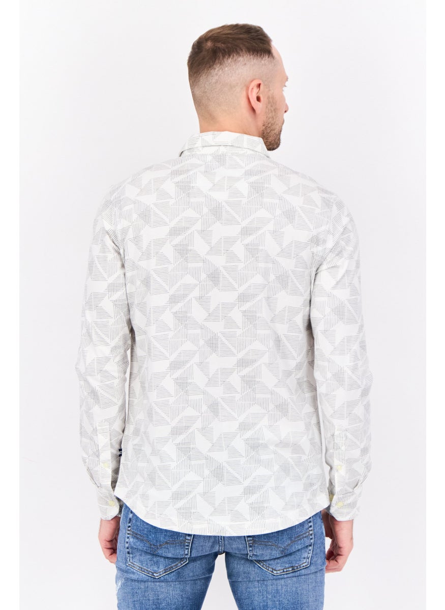 Men Classic Fit All Over Print Long Sleeve Casual Shirts, White/Grey