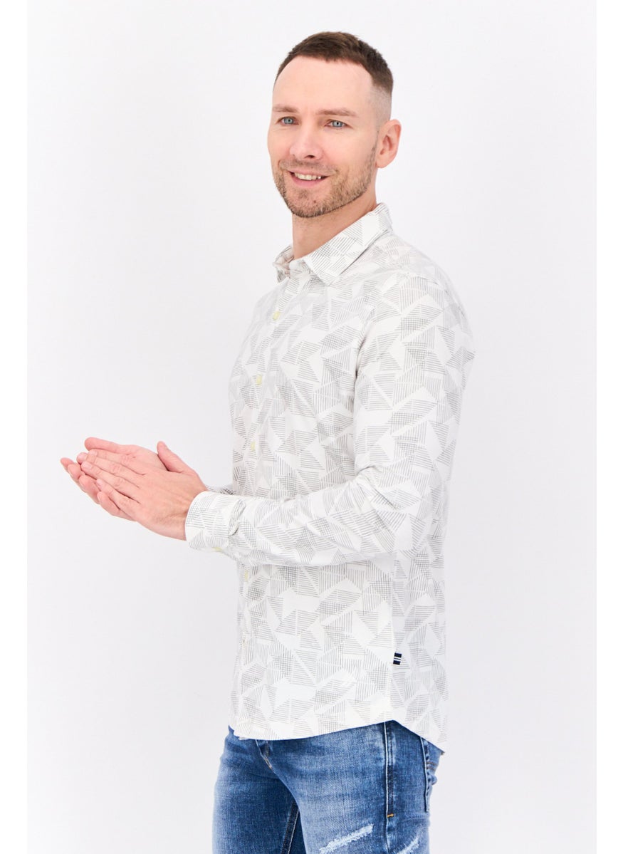 Men Classic Fit All Over Print Long Sleeve Casual Shirts, White/Grey