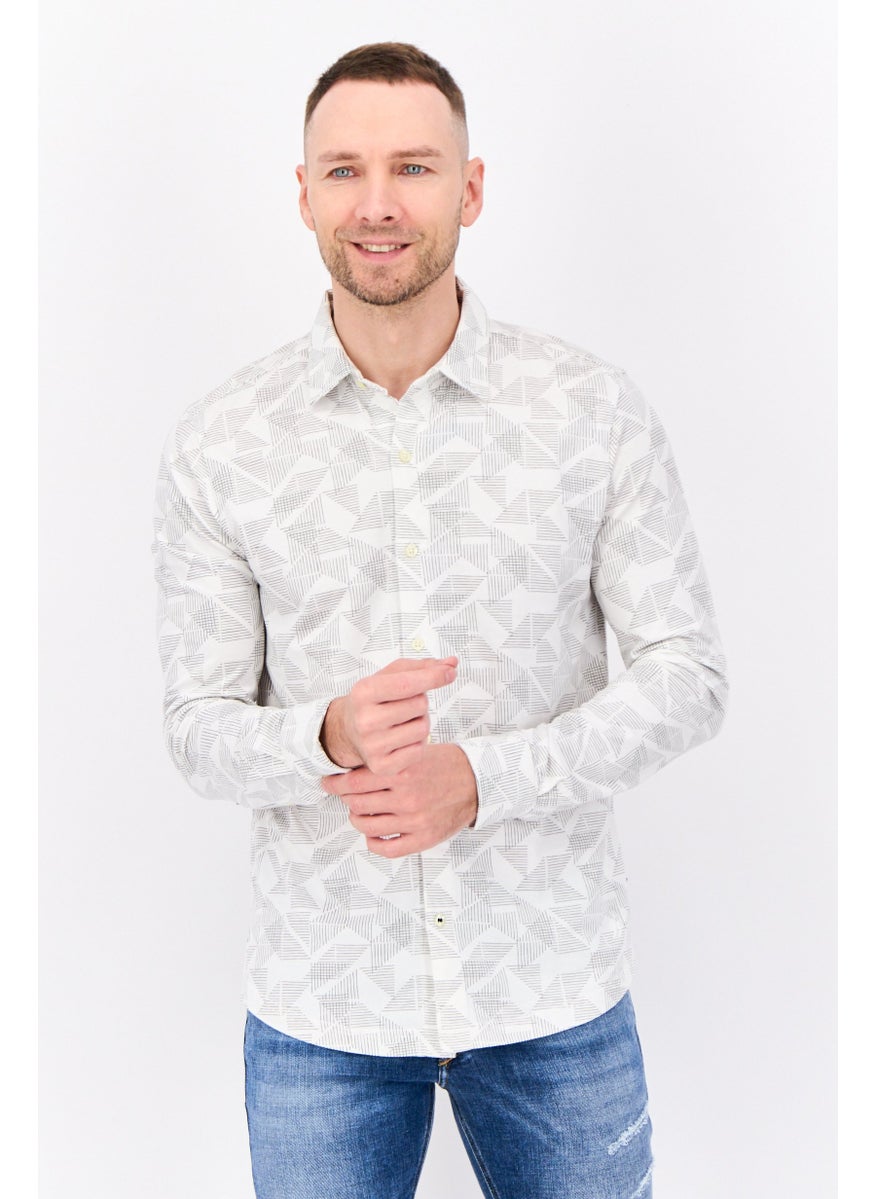 Men Classic Fit All Over Print Long Sleeve Casual Shirts, White/Grey