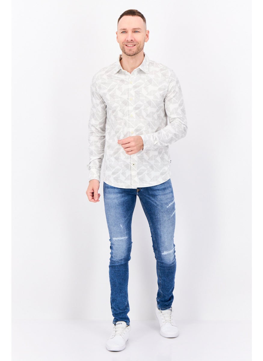 Men Classic Fit All Over Print Long Sleeve Casual Shirts, White/Grey