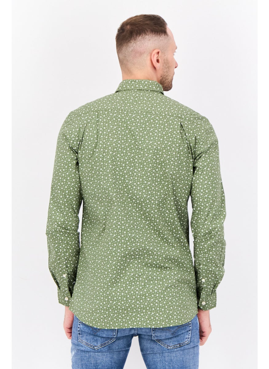 Men Slim Fit All Over Print Long Sleeve Casual Shirts, Sage Green