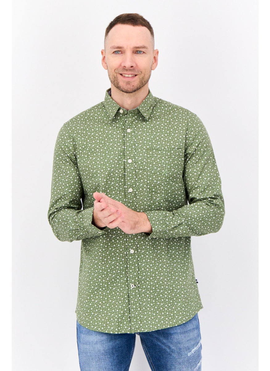 Men Slim Fit All Over Print Long Sleeve Casual Shirts, Sage Green