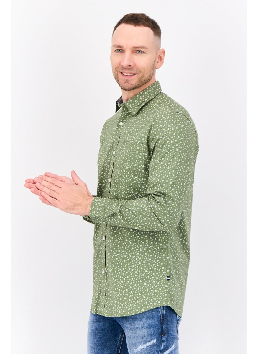 Men Slim Fit All Over Print Long Sleeve Casual Shirts, Sage Green
