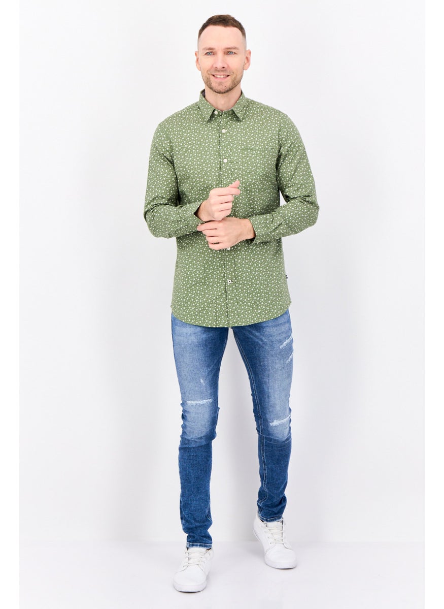 Men Slim Fit All Over Print Long Sleeve Casual Shirts, Sage Green