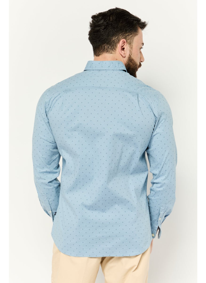 Men Slim Fit Allover Print Long Sleeves Casual Shirt, Light Blue