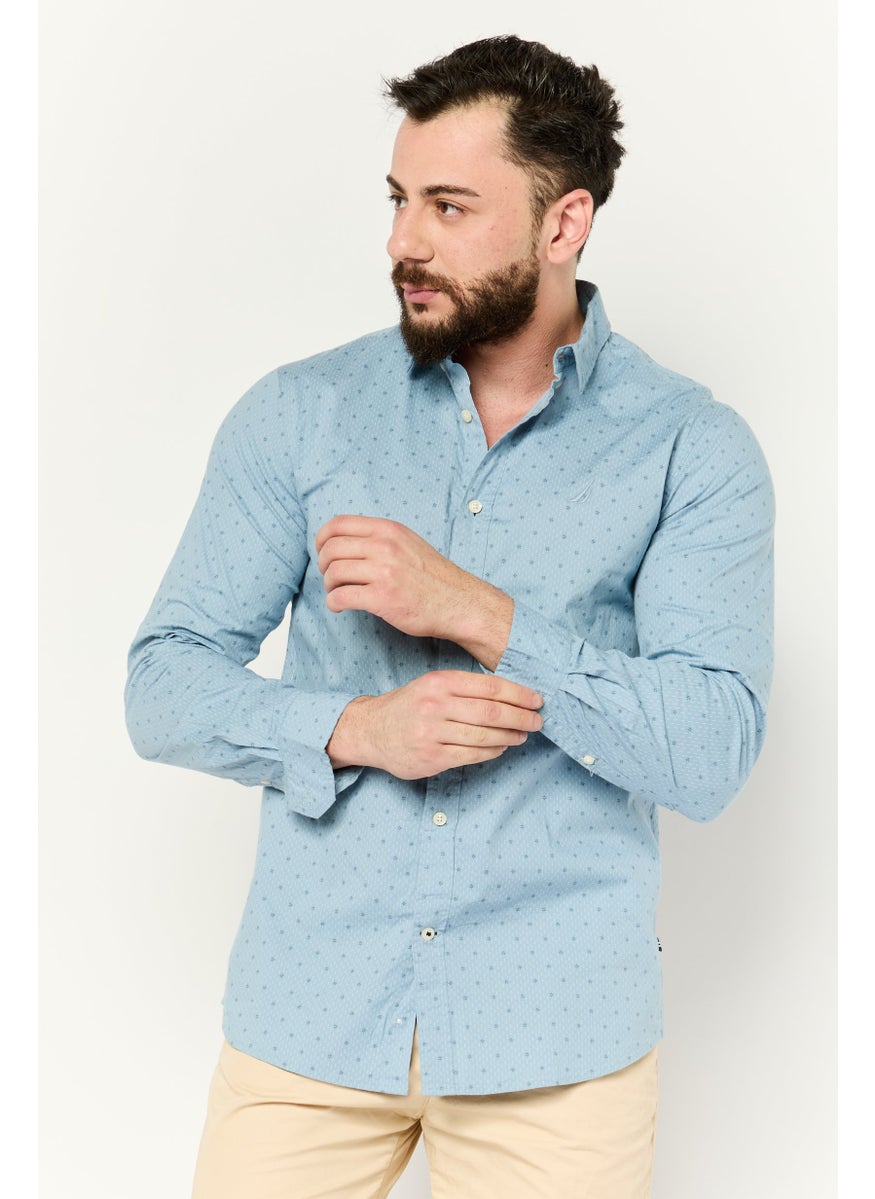 Men Slim Fit Allover Print Long Sleeves Casual Shirt, Light Blue