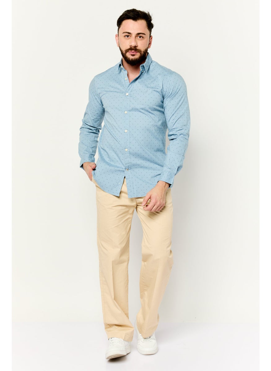 Men Slim Fit Allover Print Long Sleeves Casual Shirt, Light Blue
