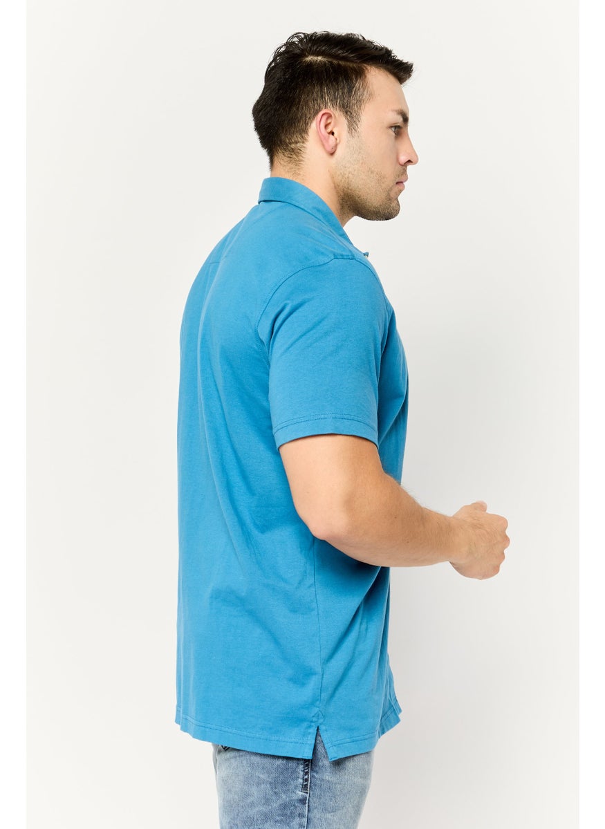 Men Relaxed Fit Embroidered Logo Short Sleeve Casual Shirt, Blue