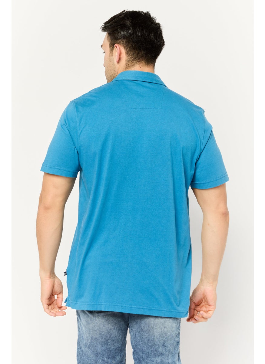 Men Relaxed Fit Embroidered Logo Short Sleeve Casual Shirt, Blue