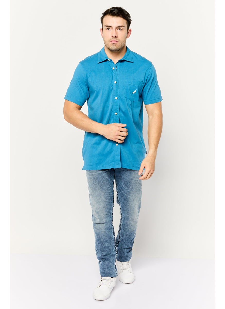 Men Relaxed Fit Embroidered Logo Short Sleeve Casual Shirt, Blue