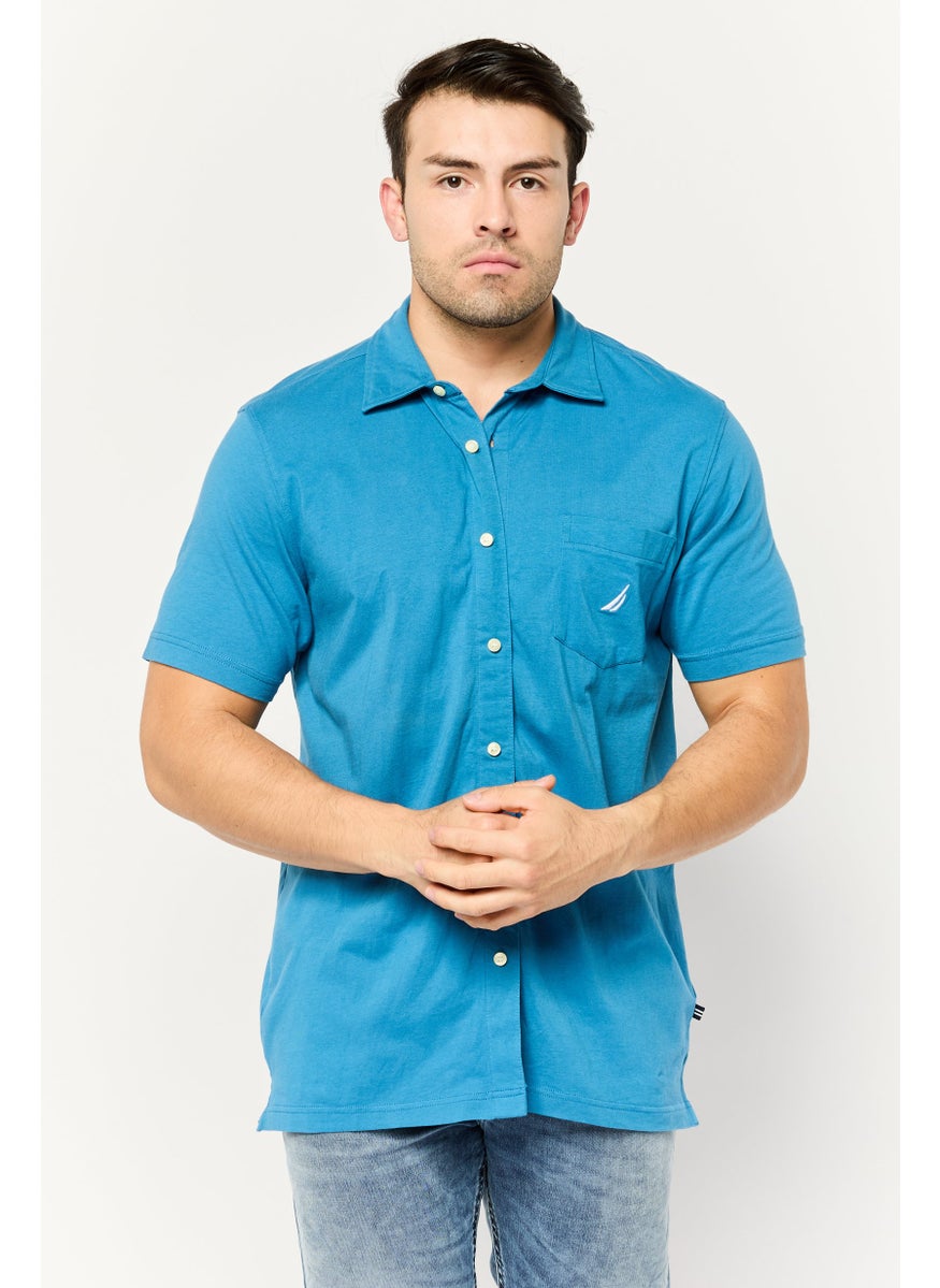 Men Relaxed Fit Embroidered Logo Short Sleeve Casual Shirt, Blue