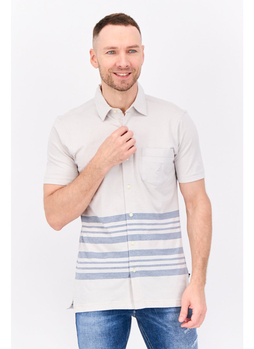 Men Regular Fit Stripe Short Sleeve Casual Shirts, Light Grey/Blue