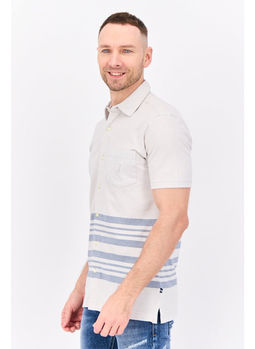 Men Regular Fit Stripe Short Sleeve Casual Shirts, Light Grey/Blue