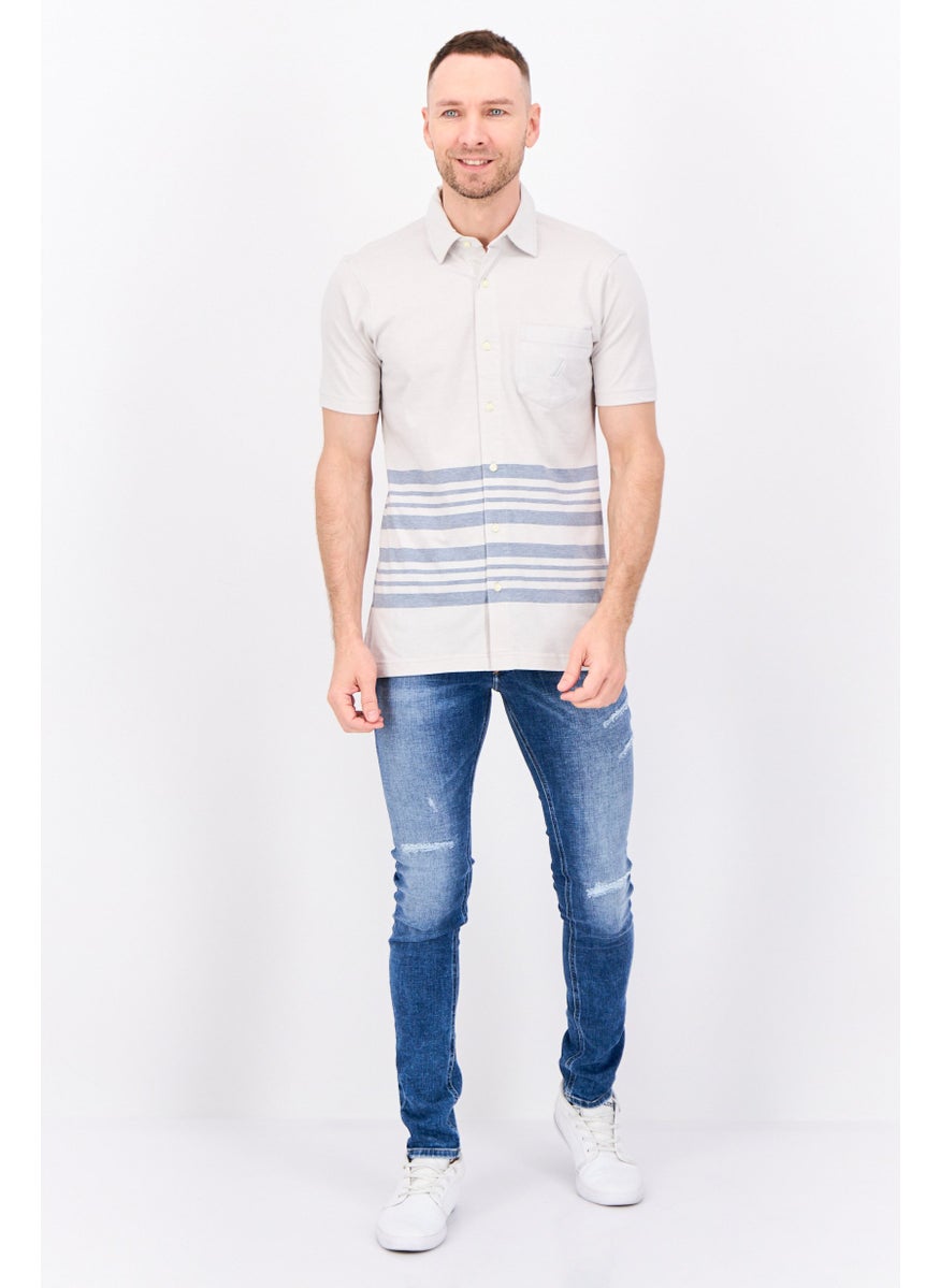 Men Regular Fit Stripe Short Sleeve Casual Shirts, Light Grey/Blue