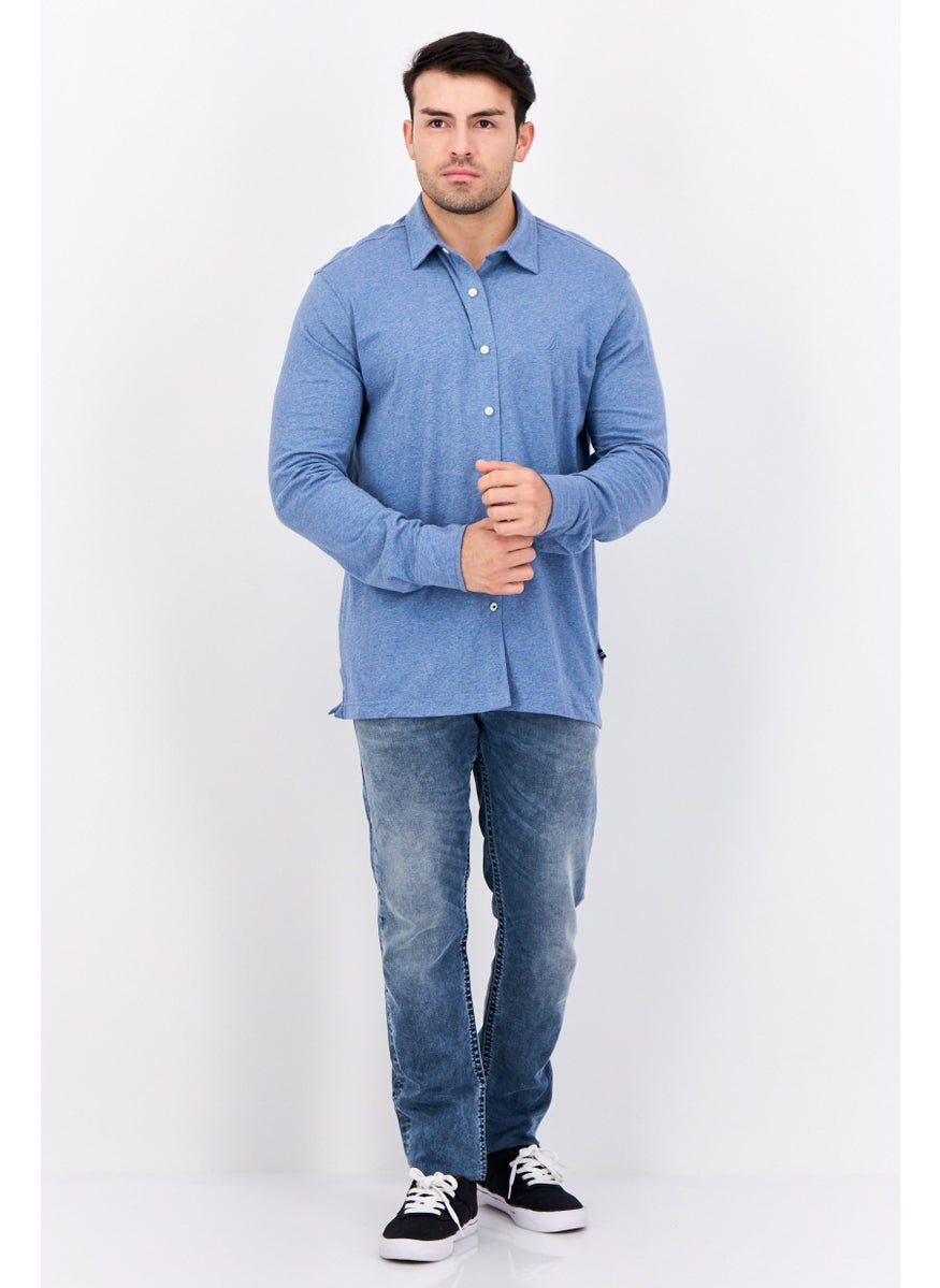 Men Classic Fit Embroidered Logo Long Sleeves Casual Shirt, Heather Blue