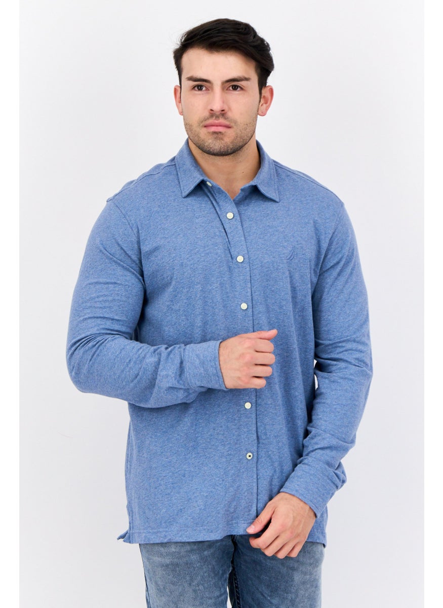 Men Classic Fit Embroidered Logo Long Sleeves Casual Shirt, Heather Blue