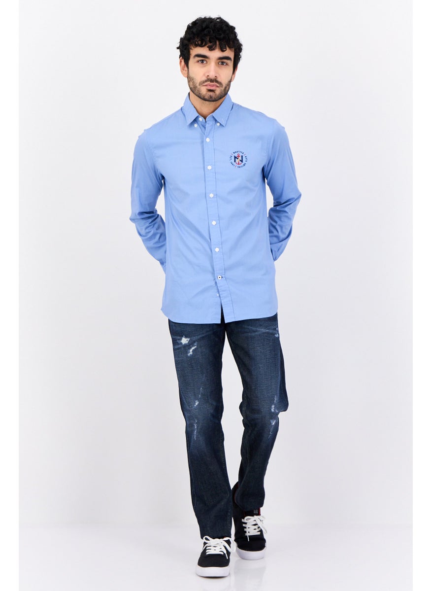 Men Slim Fit Embroidered Logo Long Sleeves Casual Shirt, Blue