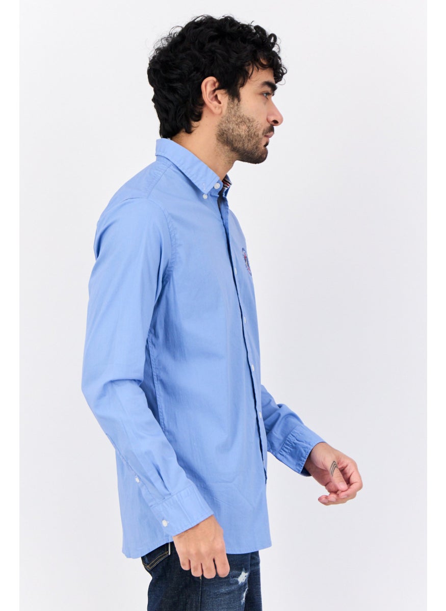 Men Slim Fit Embroidered Logo Long Sleeves Casual Shirt, Blue