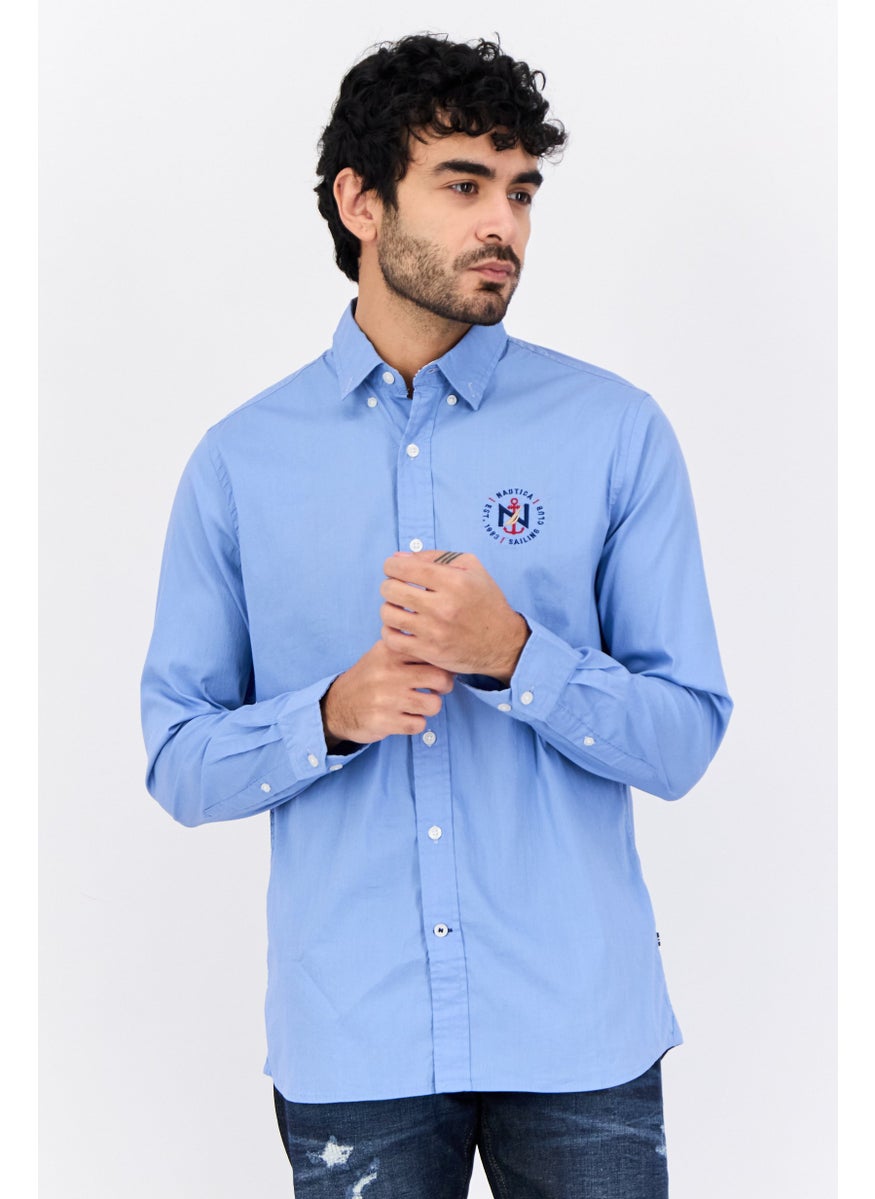 Men Slim Fit Embroidered Logo Long Sleeves Casual Shirt, Blue
