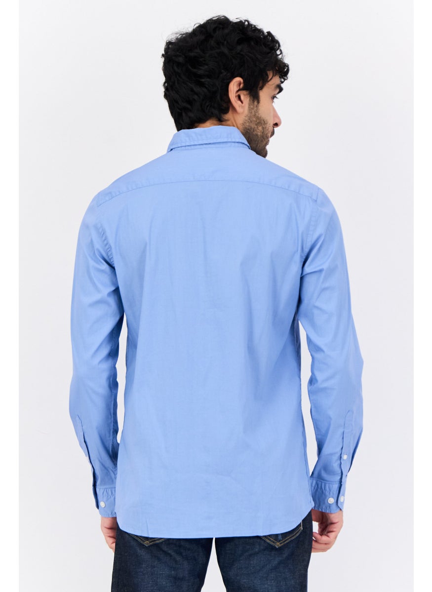 Men Slim Fit Embroidered Logo Long Sleeves Casual Shirt, Blue