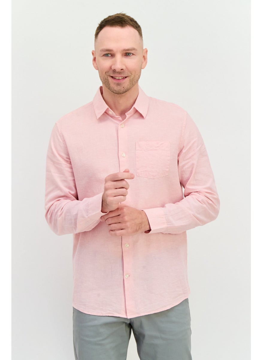 Men Regular Fit Chambray Pattern Long Sleeve Casual Shirts, Light Pink