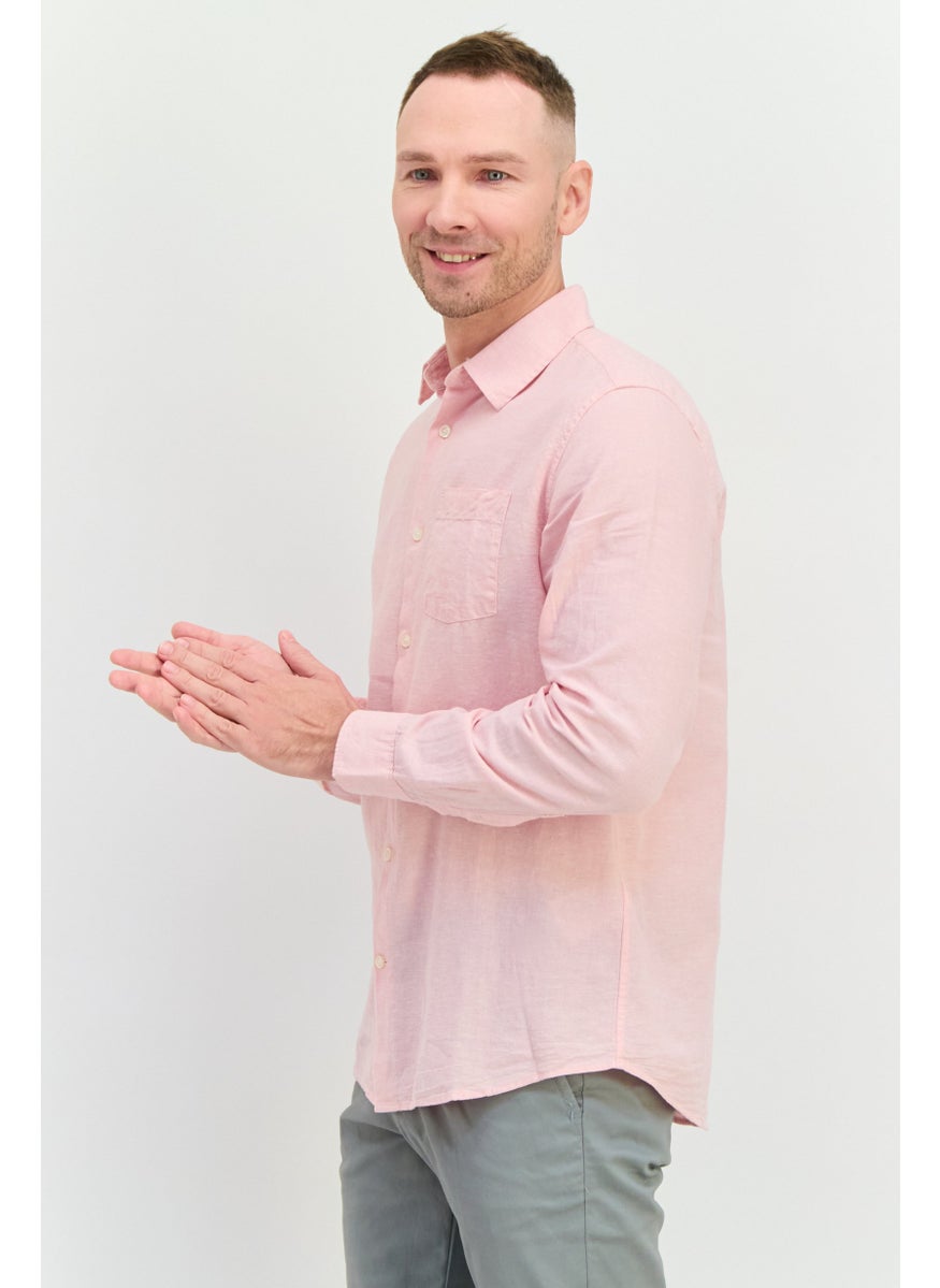 Men Regular Fit Chambray Pattern Long Sleeve Casual Shirts, Light Pink