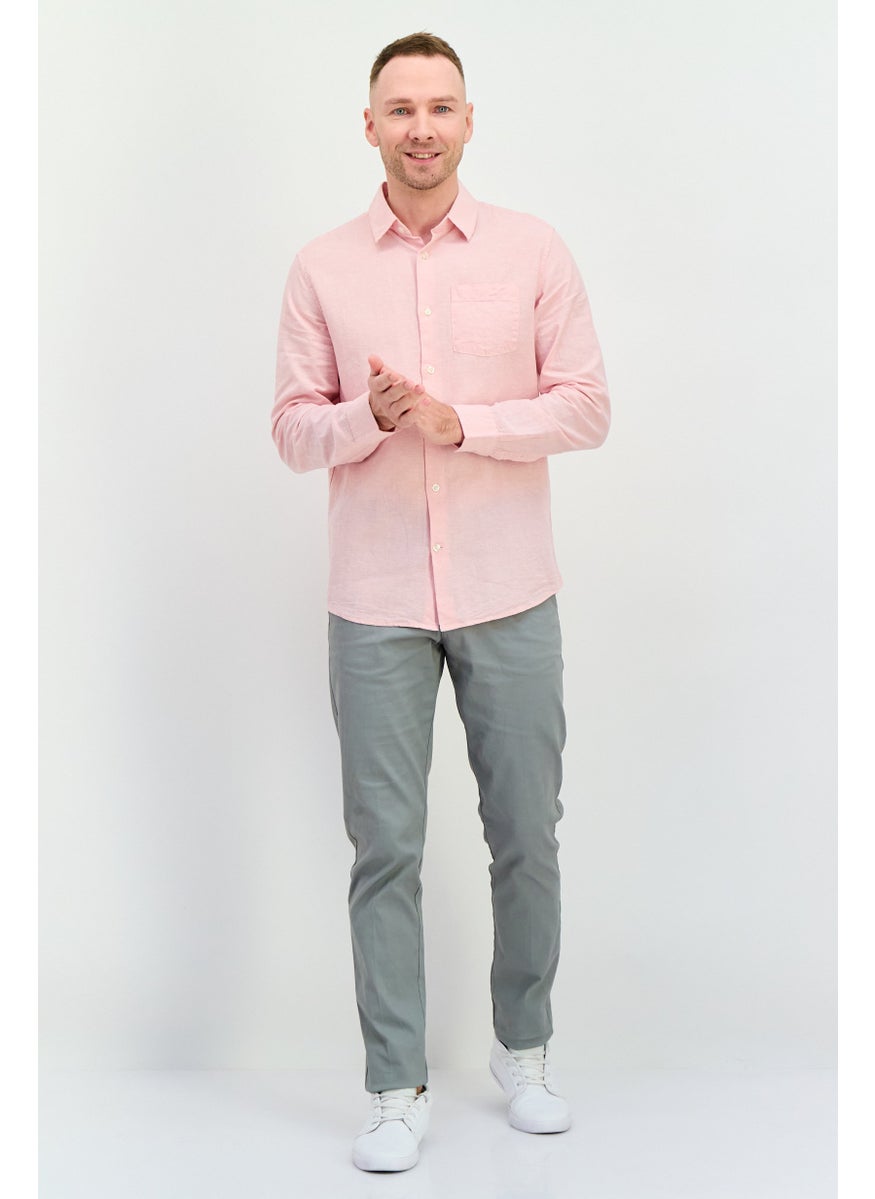 Men Regular Fit Chambray Pattern Long Sleeve Casual Shirts, Light Pink