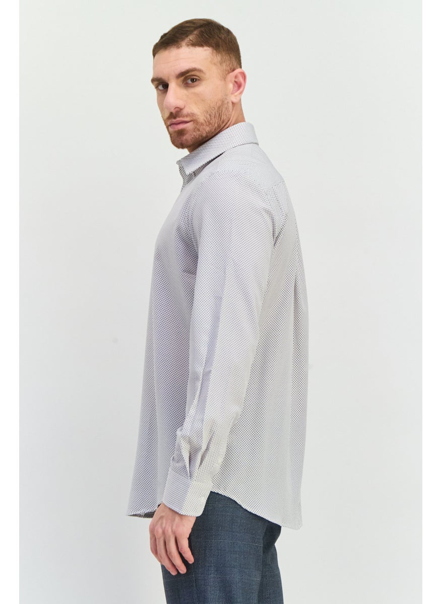 Men Modern Fit All Over Printed Long Sleeves Dress Shirt, White