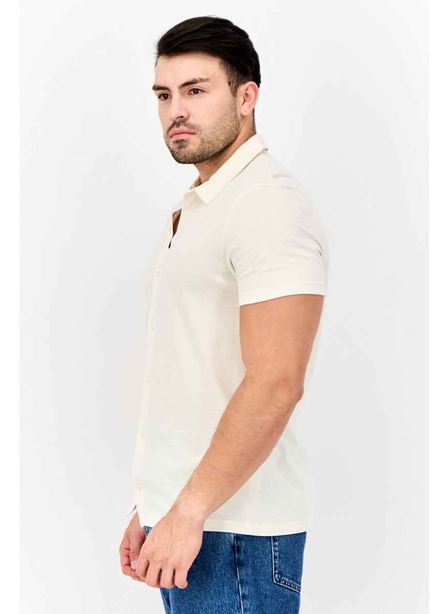 Men Regular Fit 3 Pieces Solid Short Sleeves Casual Shirts Set, Cream/Grey