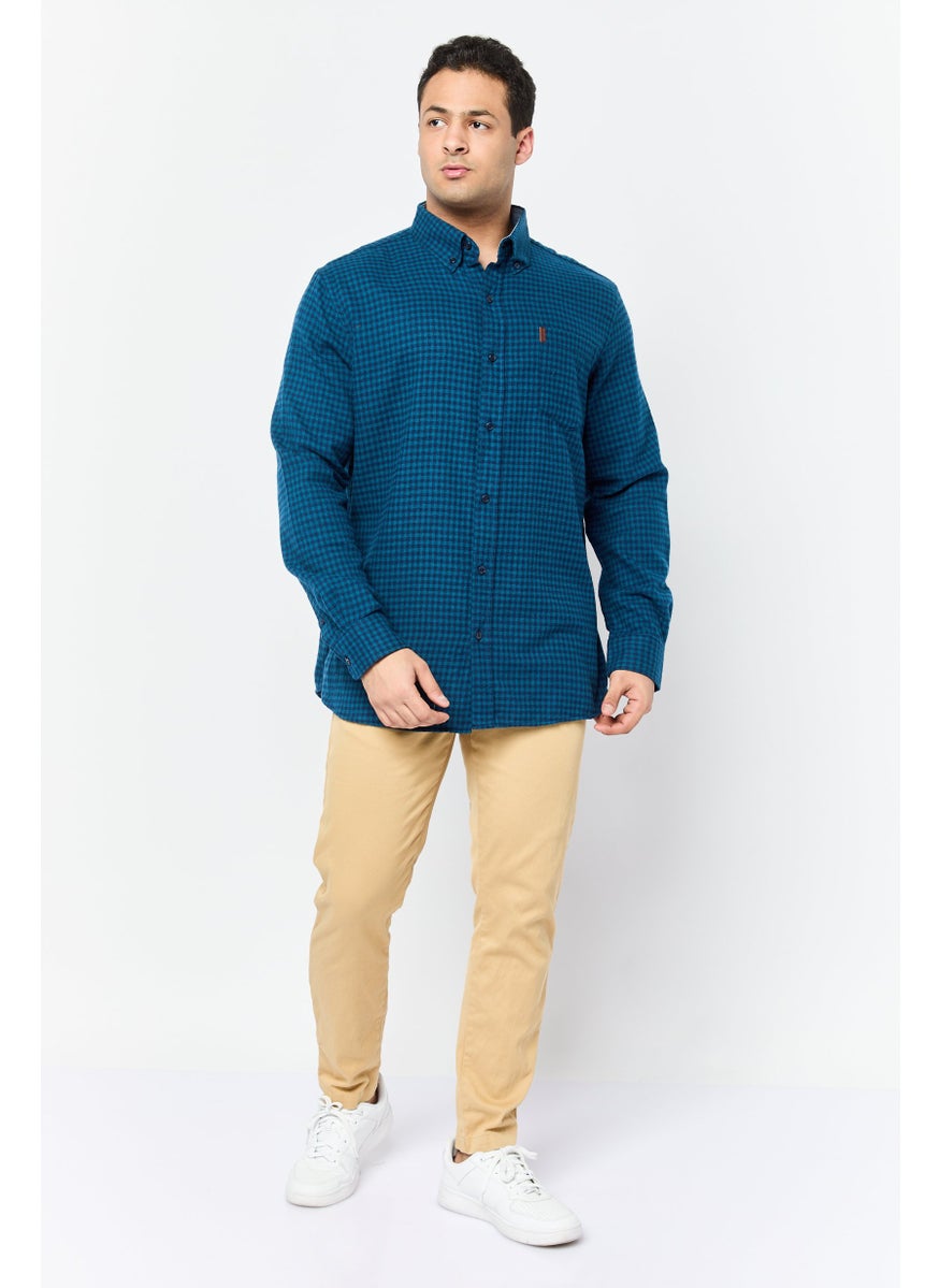 Men Regular Fit Plaid Long Sleeve Casual Shirt, Teal Blue