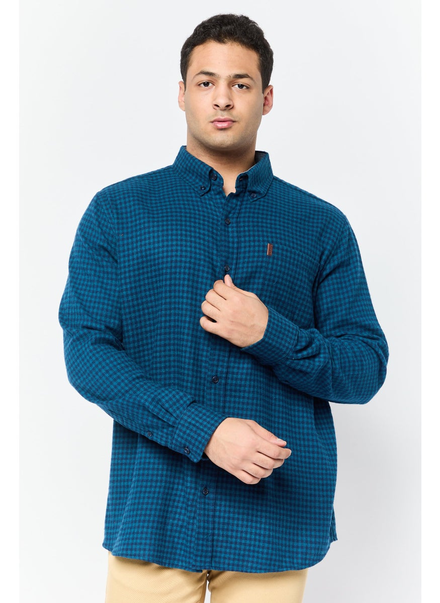 Men Regular Fit Plaid Long Sleeve Casual Shirt, Teal Blue