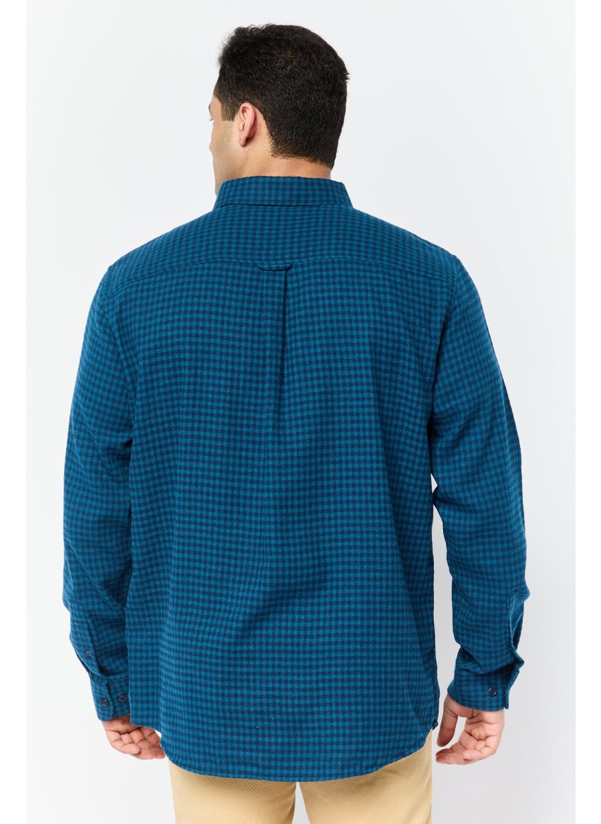 Men Regular Fit Plaid Long Sleeve Casual Shirt, Teal Blue