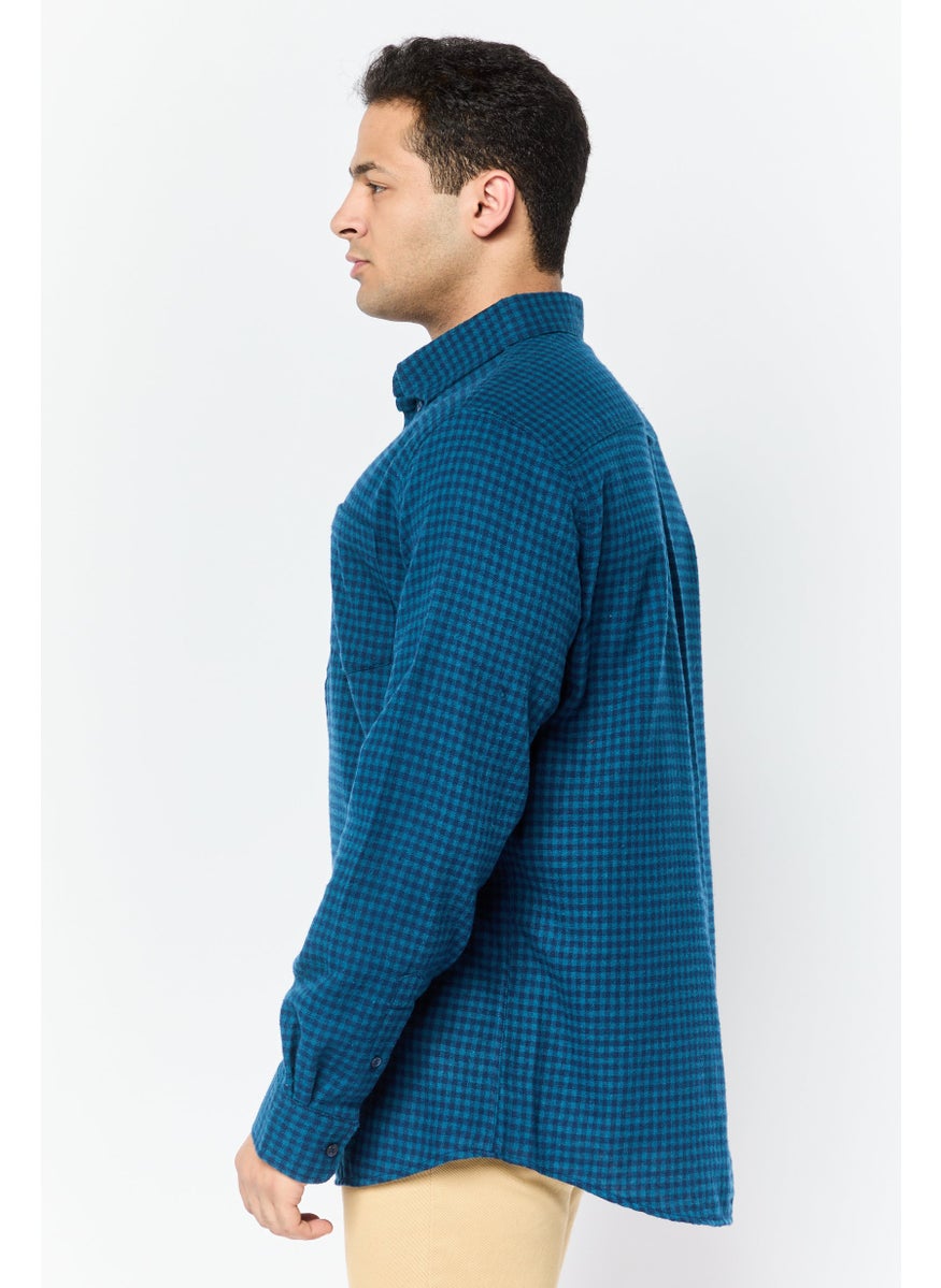 Men Regular Fit Plaid Long Sleeve Casual Shirt, Teal Blue