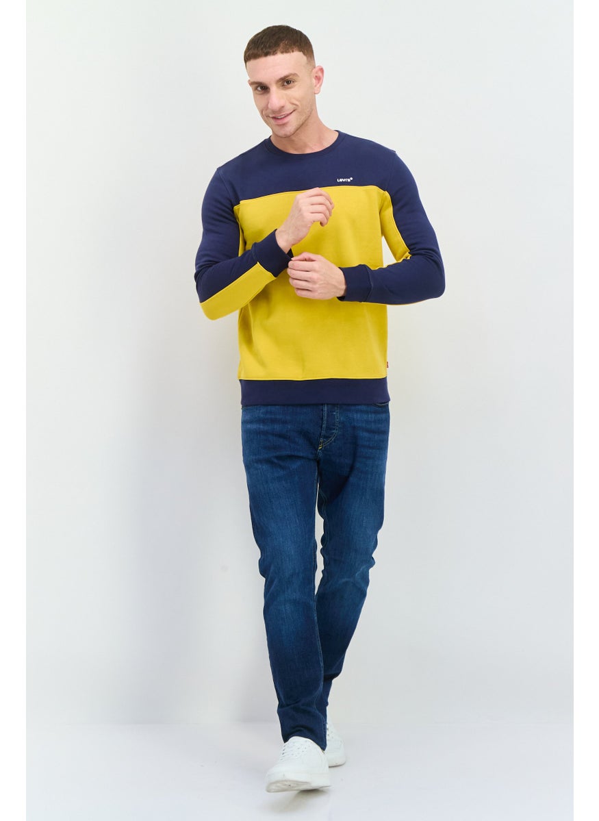 Men Crew Neck Two-Tone Long Sleeves Sweatshirt, Yellow/Navy