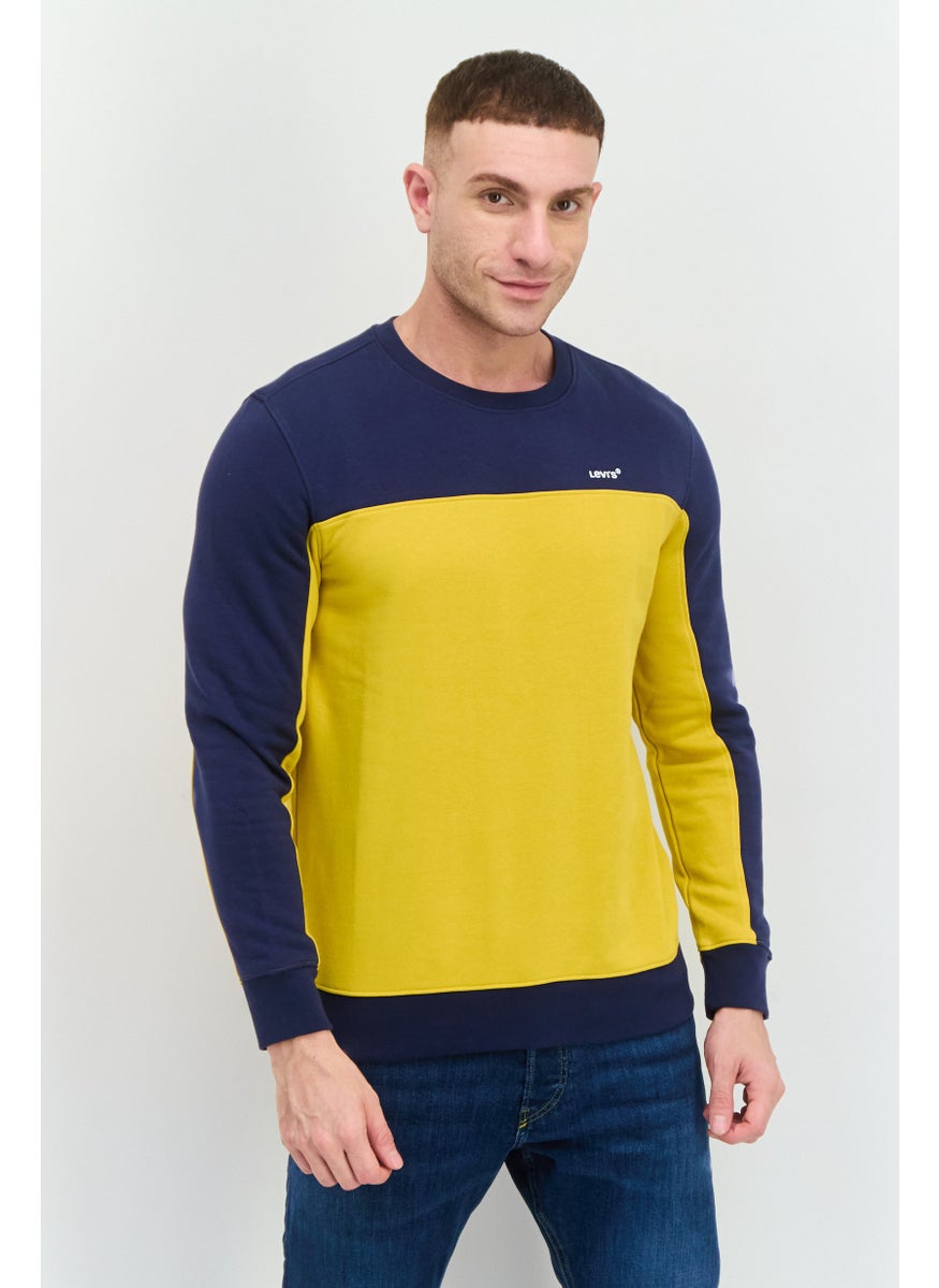 Men Crew Neck Two-Tone Long Sleeves Sweatshirt, Yellow/Navy