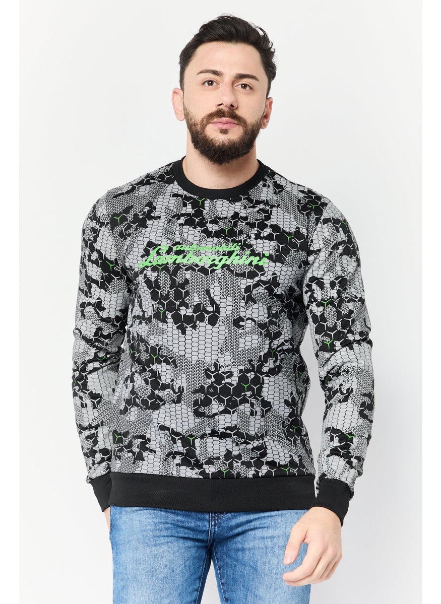 Men Crew Neck Allover Print Long Sleeves Sweatshirt, Grey/Black