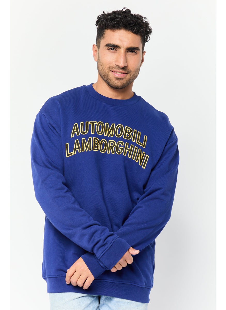 Men Crew Neck Embroidered Long Sleeves Sweatshirt, Blue