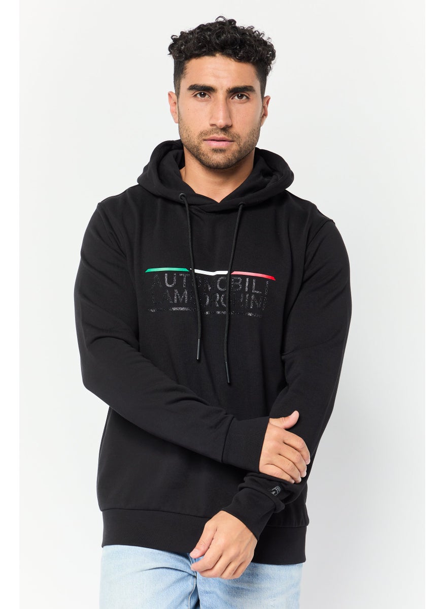 Men Brand Logo Long Sleeves Hoodie, Black