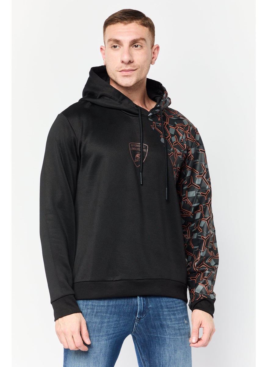 Men Brand Logo Long Sleeves Hooded Sweatshirt, Black
